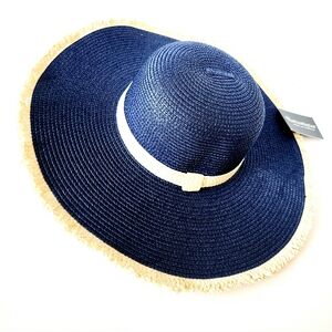 Navy Blue Frayed Edge Straw Sun Hat. NWT